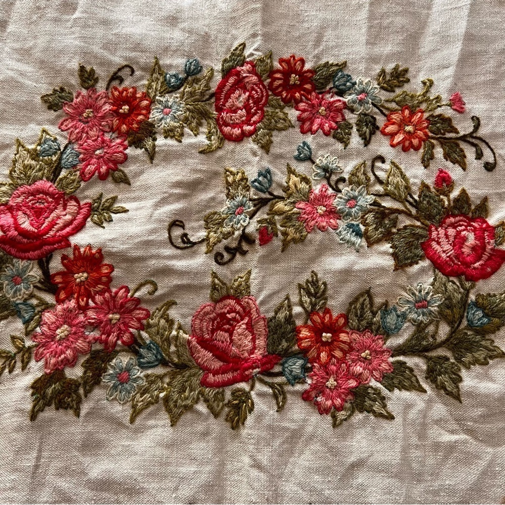 20”x16” Antique French Embroidery Panel, Flowers,Frame or Pillow.